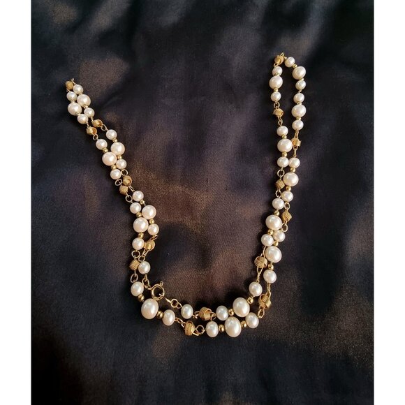 Vintage TRIFARI 1990s Faux Pearl Gold Tone Filigree Link Long Strand Necklace - Picture 1 of 5